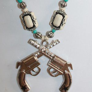 2 Guns Pendant on Square White Stone Conchos Necklace